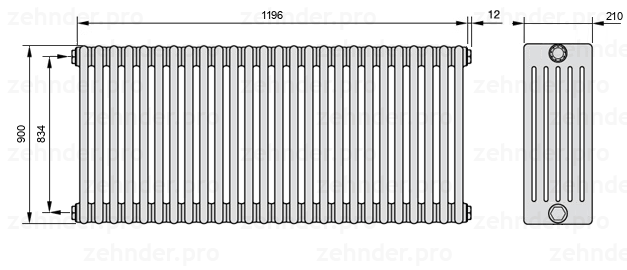 Схема (чертеж) Радиатор Zehnder Charleston 6090/26 №1270 Белый глянцевый RAL 9016